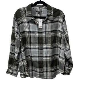 New Banana Republic Women XL Plaid Button Down Shirt Black White Grey Lumberjill